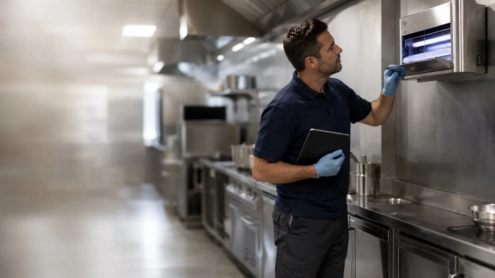 Tecnico di un'azienda di disinfestazione controlla una trappola per insetti in cucina industriale
