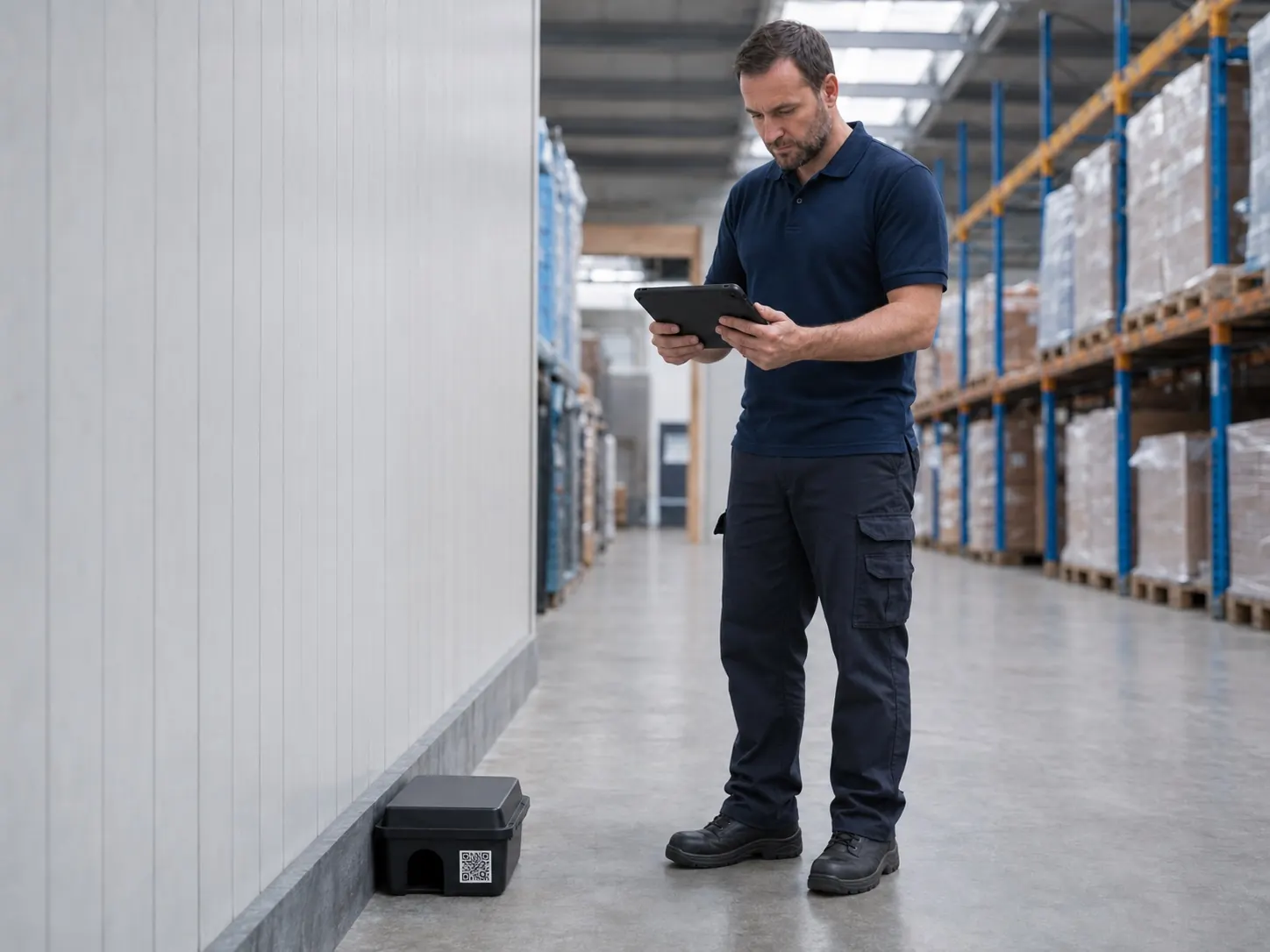 Tecnico di un'azienda di disinfestazione registra il controllo di una stazione esca su tablet con EasyPest